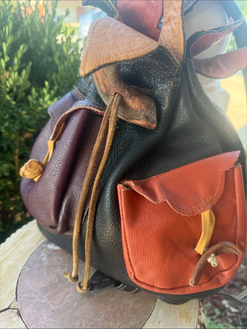 Unique ❤️‍🔥leather Handmade 🧡🖤Multi-Color Leather Drawstring Bucket Bag 💜🖤